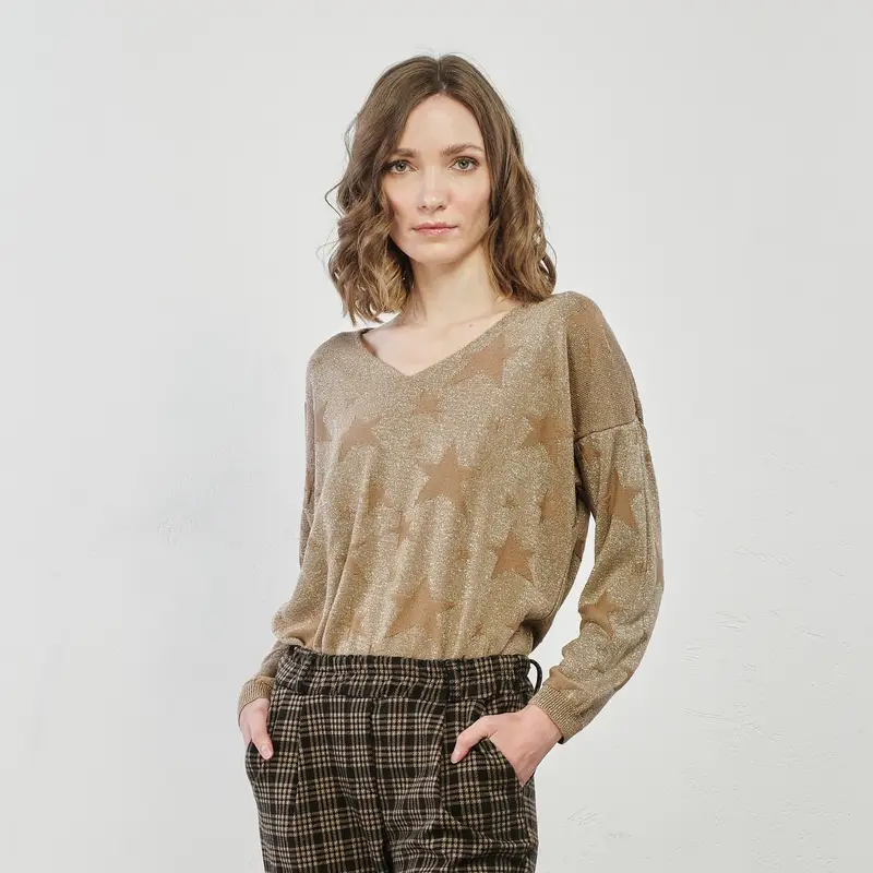 Maglione beige effetto glitter con stelle