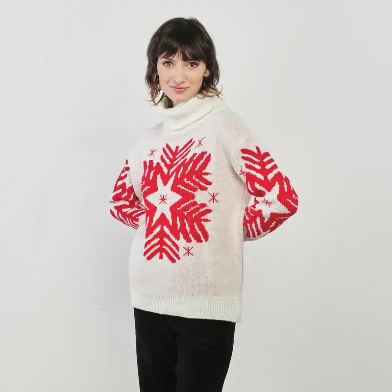 Maglione dolcevita bianco stampa natale con fiocco di neve