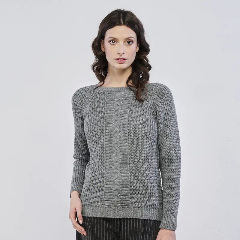 Maglione grigio da donna con inserto lavorato