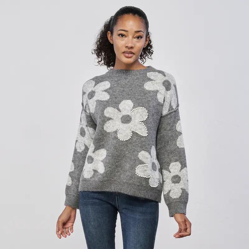 Maglione grigio da donna con ricami fiori e perle