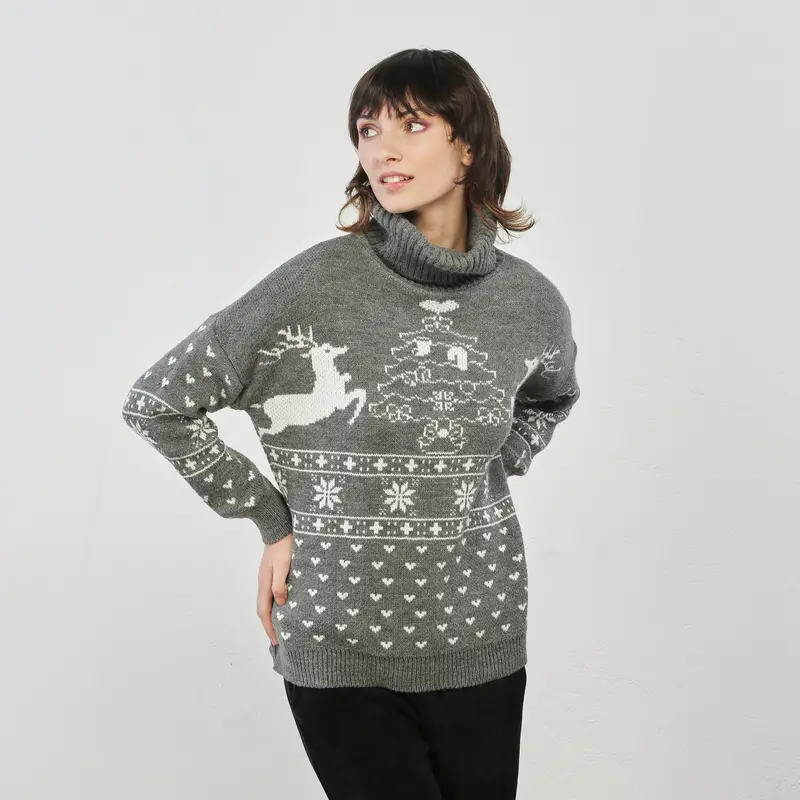 Maglione grigio stampa natale con renne