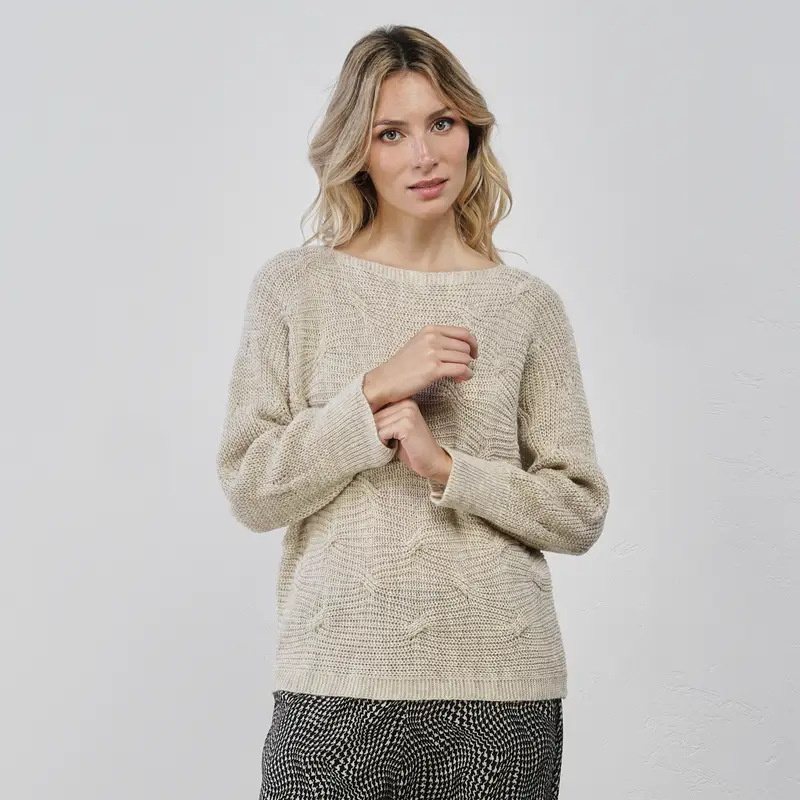 Maglione morbido beige da donna con inserti in lurex