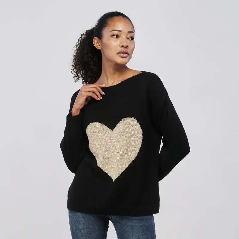 Maglione nero da donna con cuore in lurex