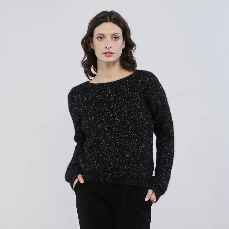 Maglione nero da donna in peluche con fili in lurex