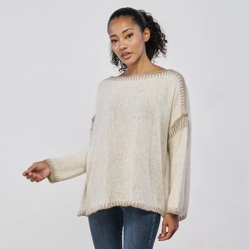 Maglione oversize beige da donna con dettagli cuciture a contrasto