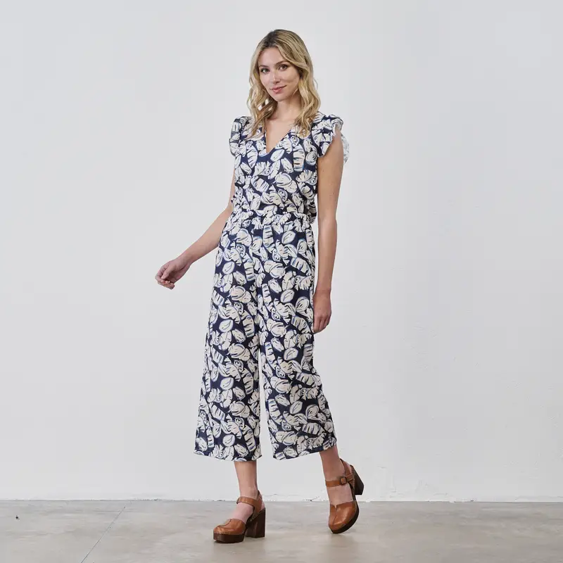 Pantaloni cropped bianchi e blu da donna in stampa floreale