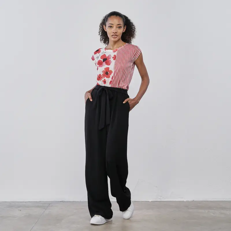 Pantaloni lunghi ampi neri da donna con fusciacca in vita