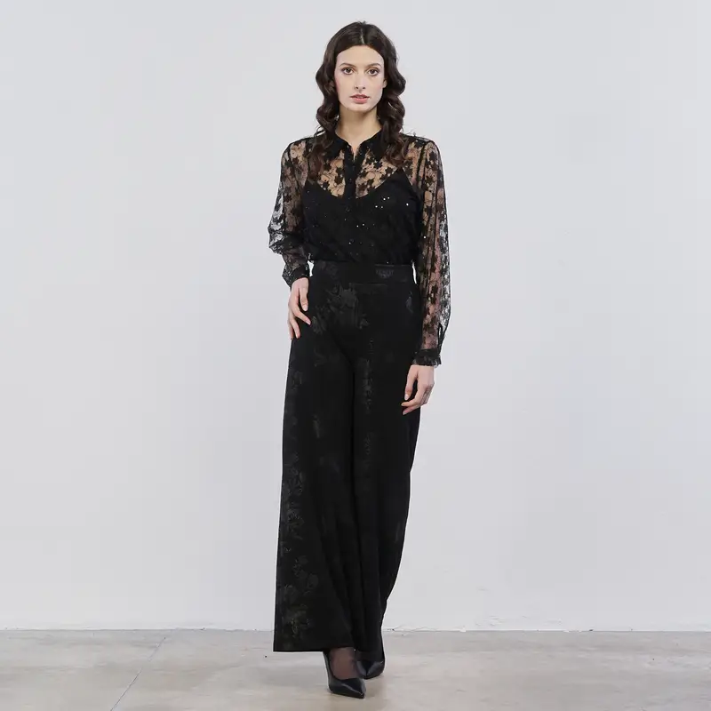 Pantaloni lunghi ampi neri da donna in tessuto damascato