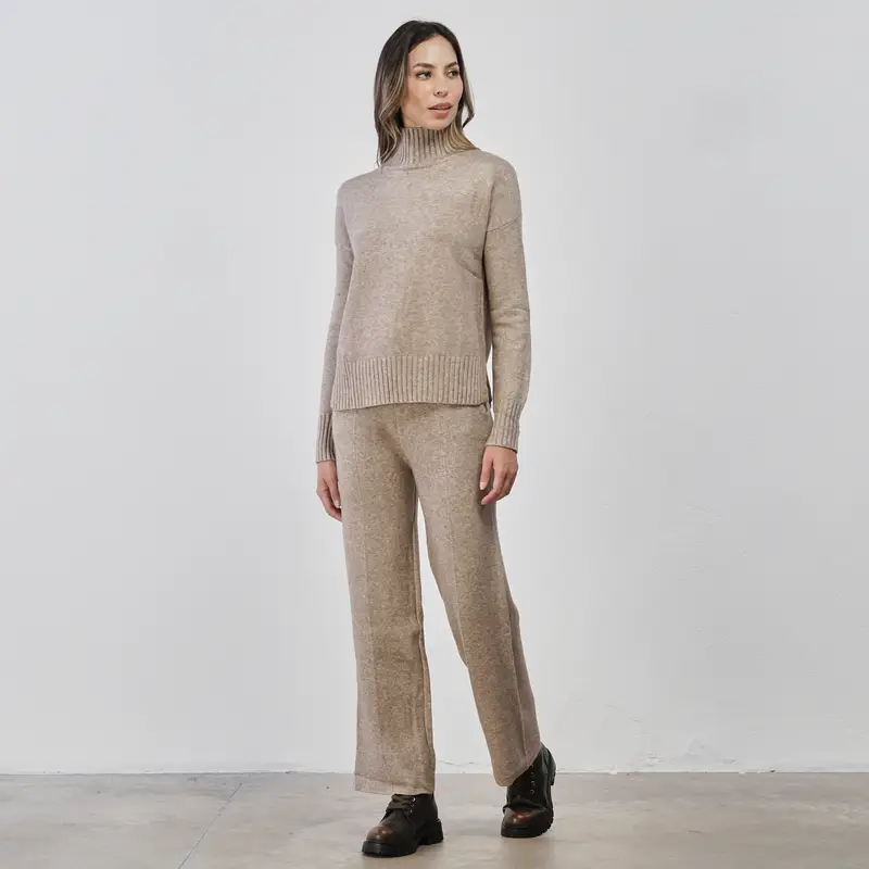 Pantaloni lunghi beige da donna in maglia con coulisse