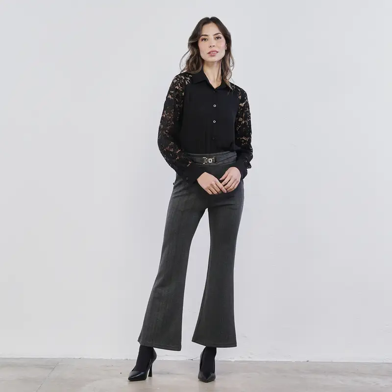 Pantaloni lunghi grigi da donna in fantasia gessata