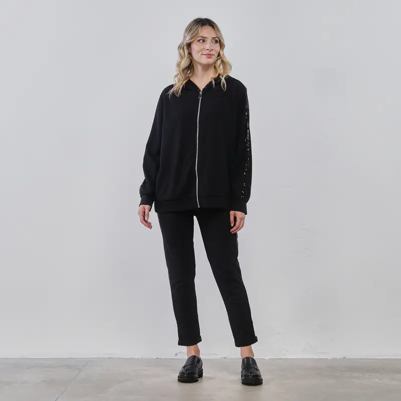 Pantaloni lunghi neri da donna con bande laterali con paillettes