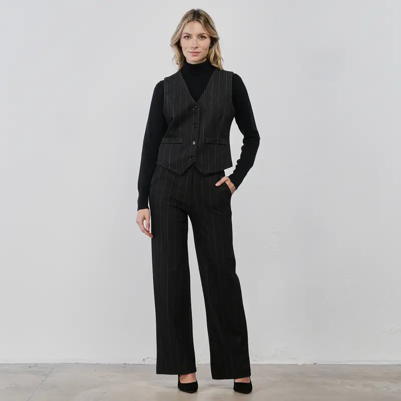 Pantaloni lunghi neri da donna in fantasia gessata