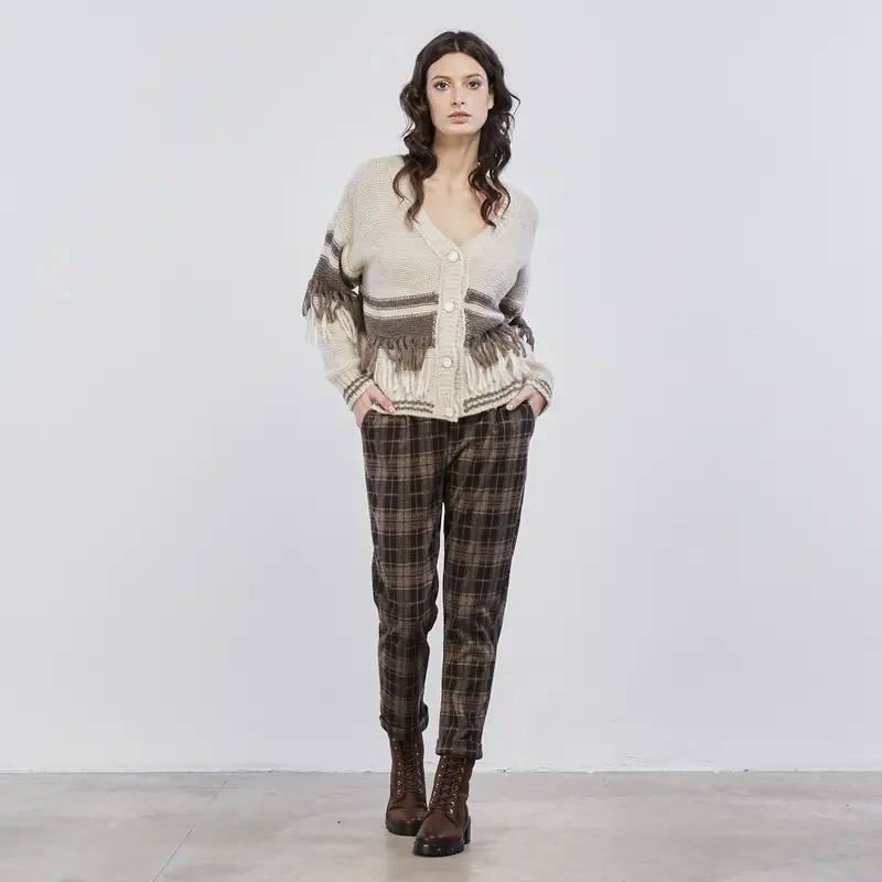 Pantaloni marroni da donna con tasche in fantasia check