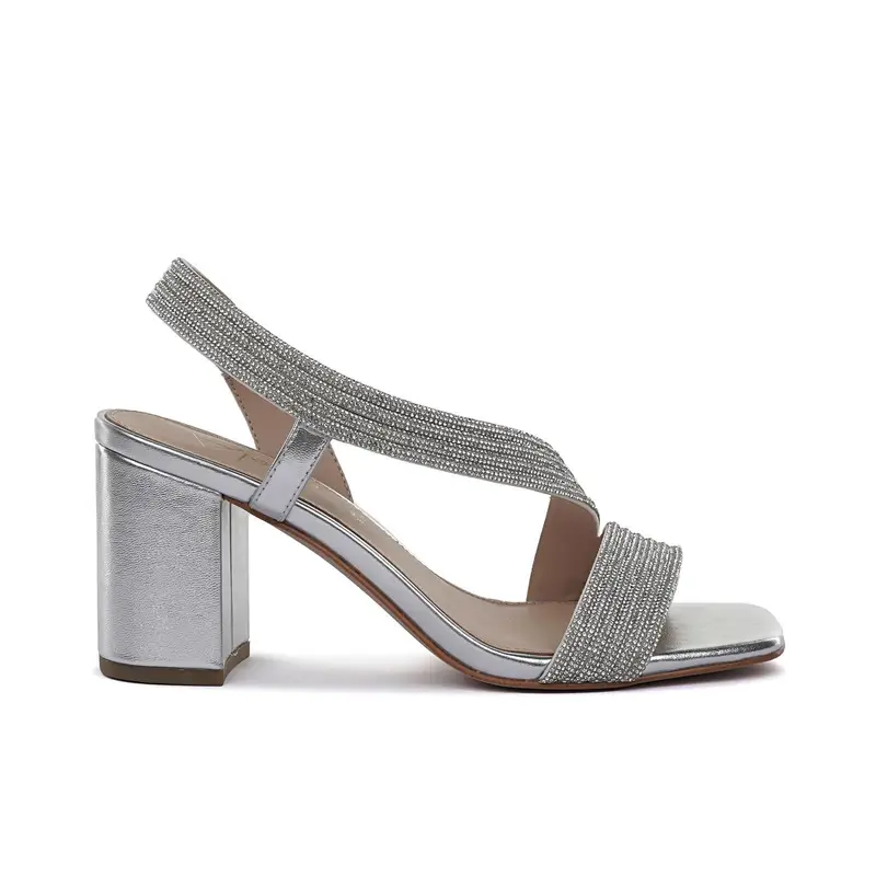 Sandali argento con tacco alto largo e fascia con strass