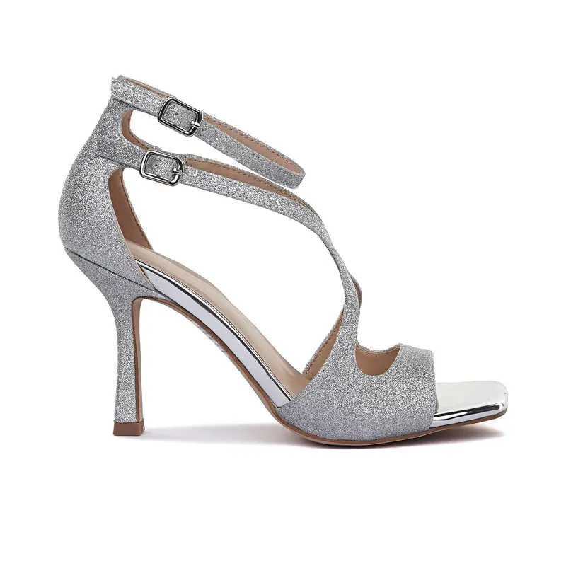 Sandali argento glitter con tacco alto e doppio cinturino
