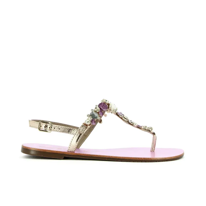 Sandali bassi a infradito in pelle oro con pietre gioiello fucsia