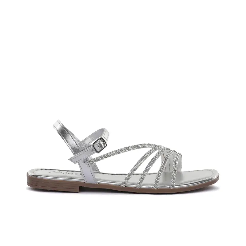 Sandali bassi argento effetto laminato con strass