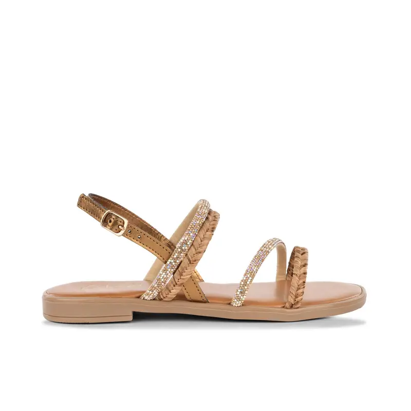 Sandali bassi beige da donna con strass e dettaglio effetto rafia
