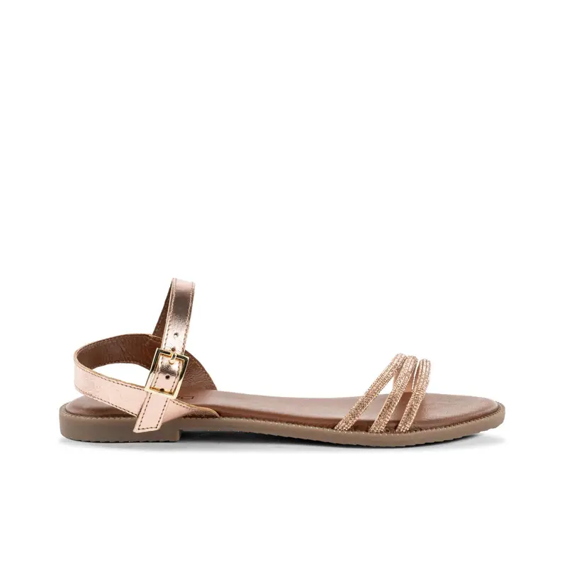 Sandali bassi da donna in pelle oro rosa con cinturino e micro strass