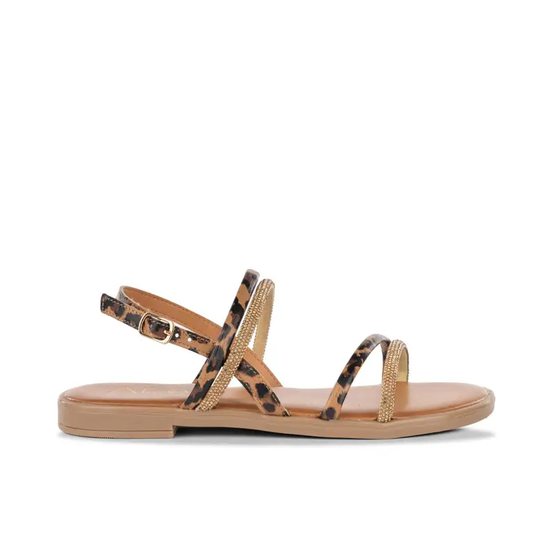 Sandali bassi marroni da donna con cinturini stampa animalier e strass