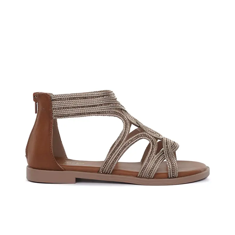 Sandali bassi marroni da donna con zip e strass