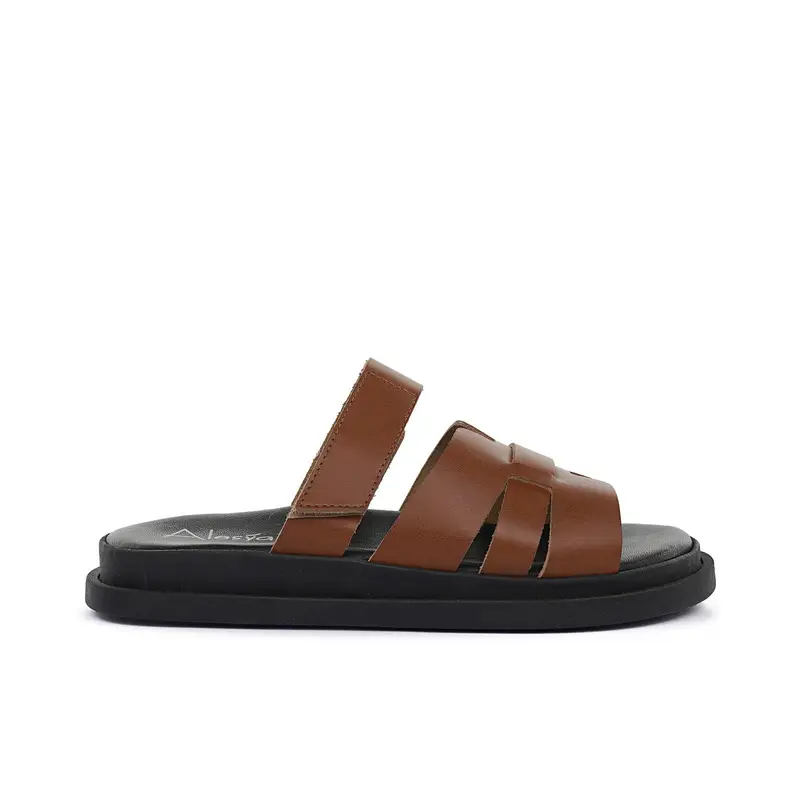 Sandali bassi marroni da donna in pelle con fibbie e velcro