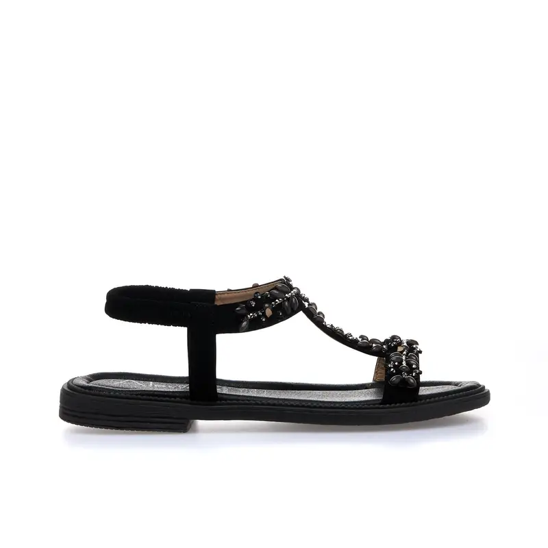 Sandali bassi neri con applicazioni e cinturino elasticizzato