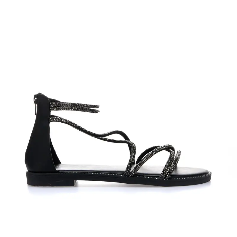 Sandali bassi neri con zip e cinturini con strass