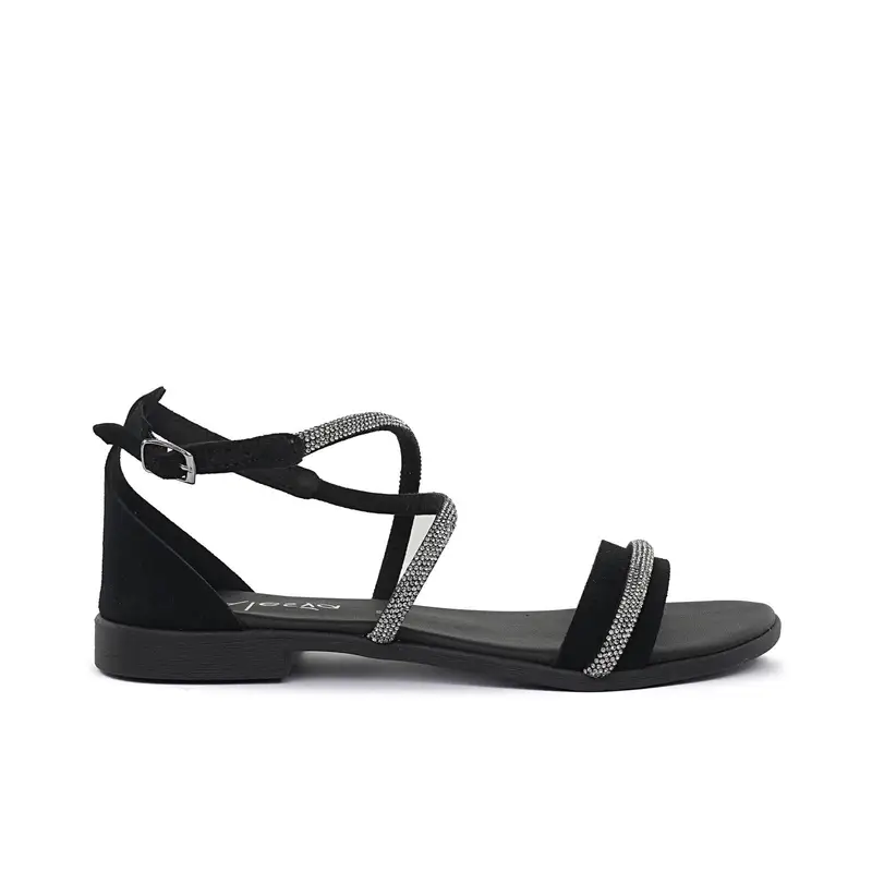 Sandali bassi neri da donna con cinturini a incrocio e strass