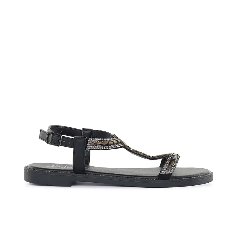 Sandali bassi neri da donna con perline e strass