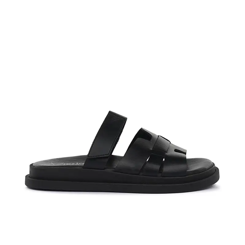 Sandali bassi neri da donna in pelle con fibbie e velcro