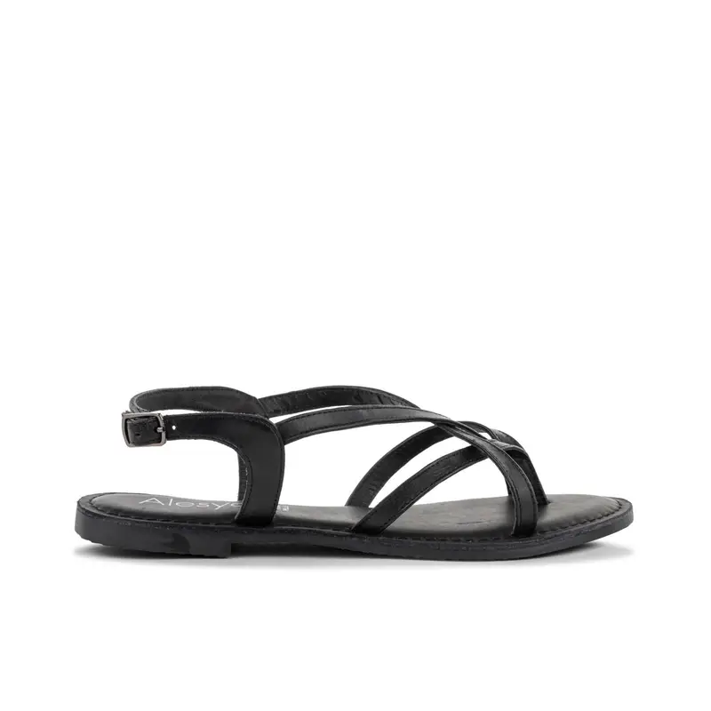 Sandali bassi neri in pelle da donna con cinturino