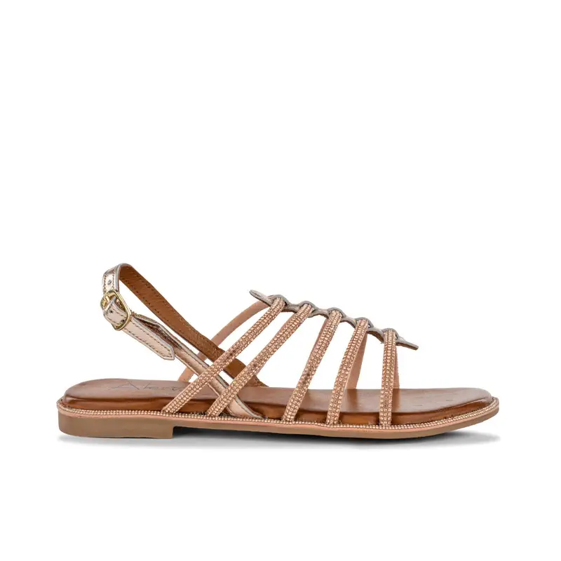 Sandali bassi oro da donna in pelle con cinturini con strass