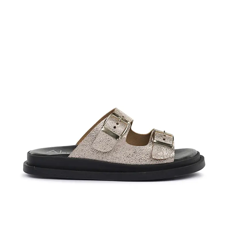 Sandali bassi oro da donna in pelle con doppia fibbia