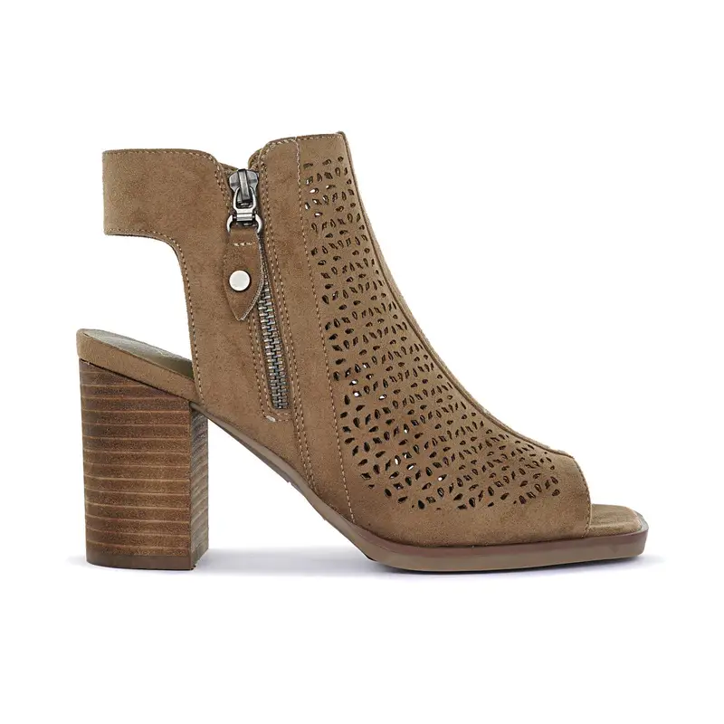 Sandali beige con tacco alto, zip e inserto laserato