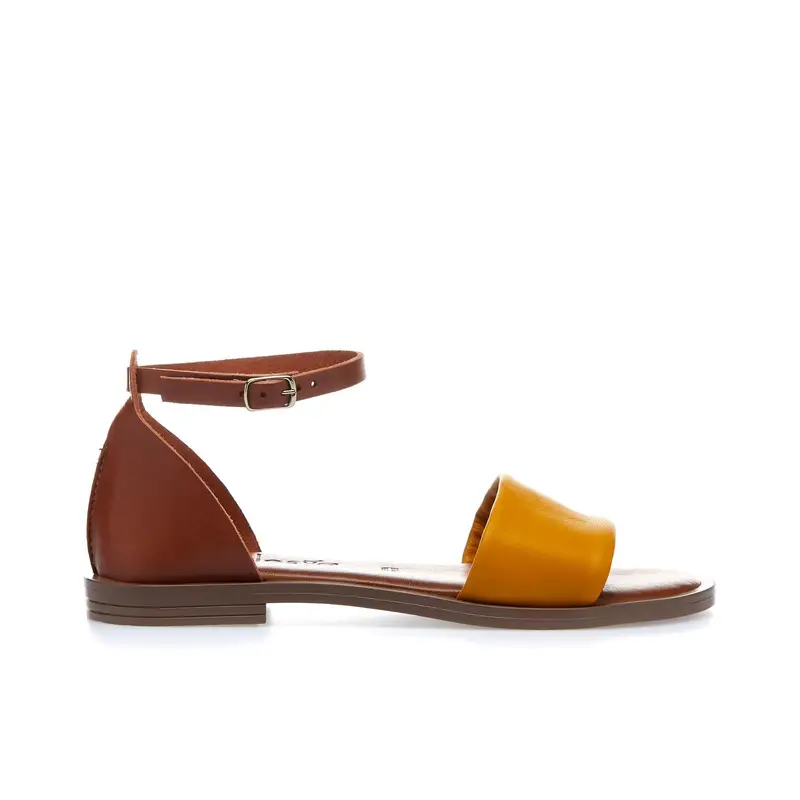 Sandali gialli e marroni bassi bicolor in pelle