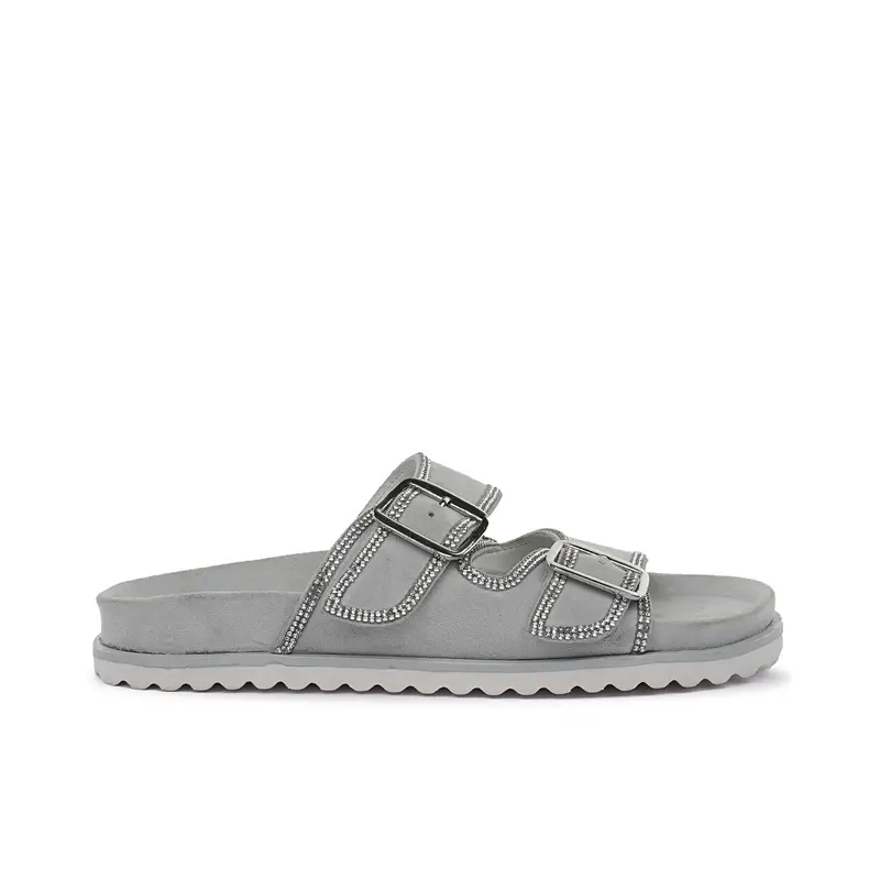 Sandali grigi da donna con doppia fibbia con strass