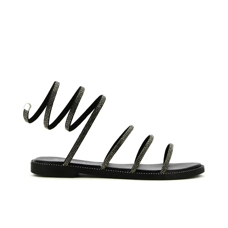 Sandali neri bassi con cinturino a spirale con strass