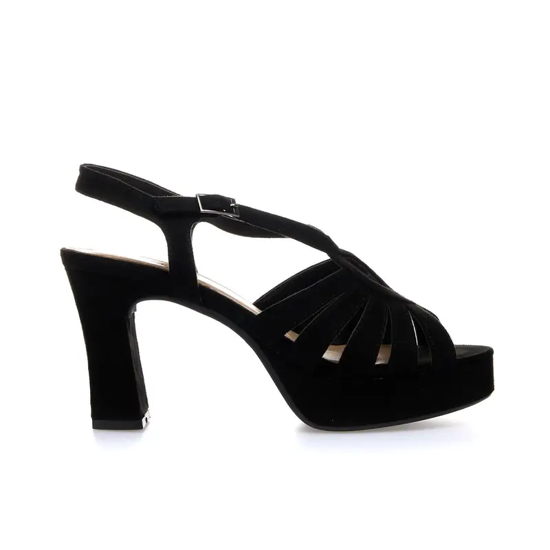 Sandali neri con gabbia e tacco alto largo con plateau