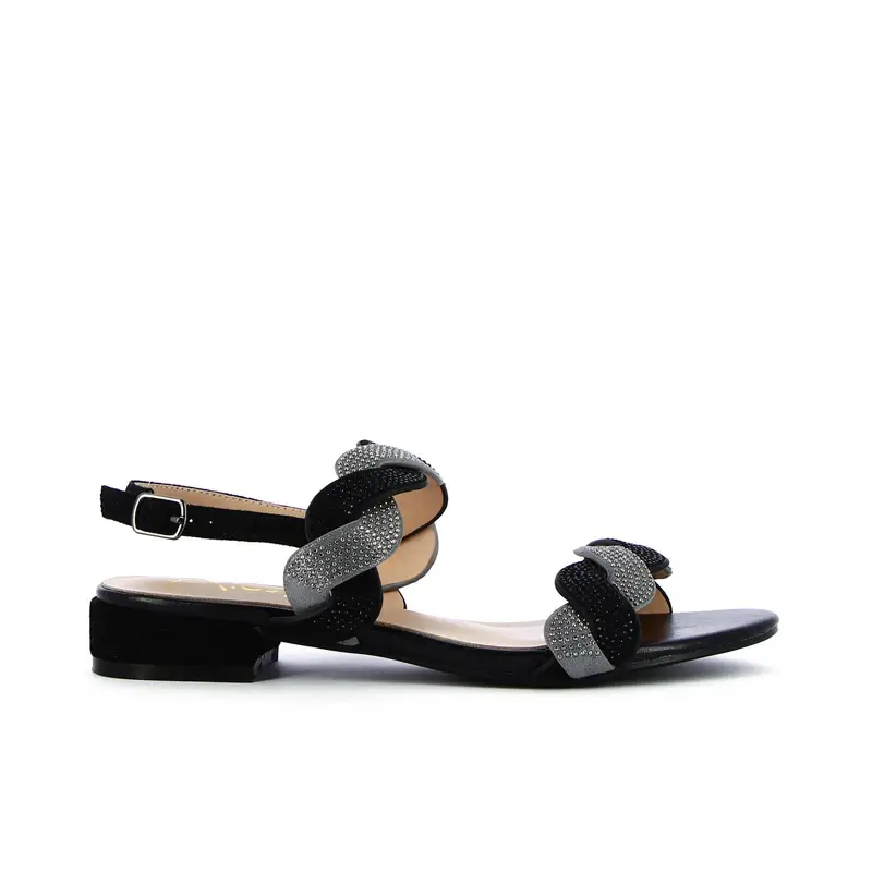 Sandali neri con strass e tacco basso