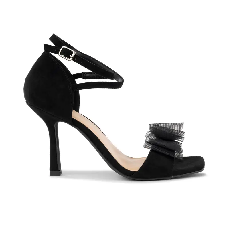 Sandali neri da donna con tacco alto, cinturini e dettaglio fiocco