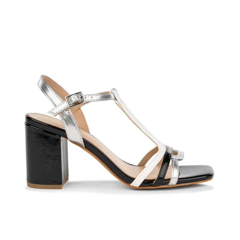 Sandali neri da donna con tacco alto largo e dettaglio laminato