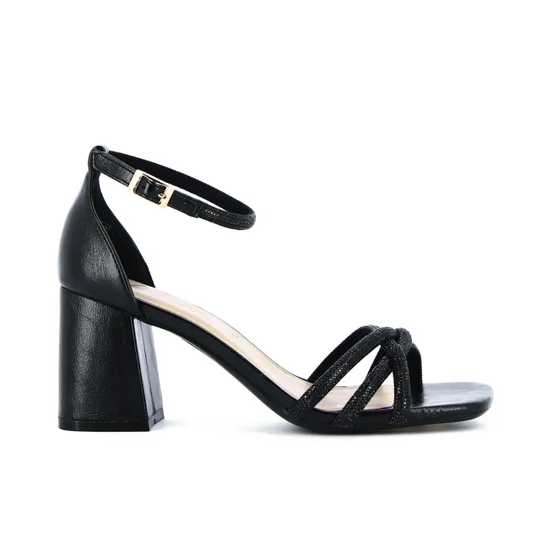 Sandali neri intrecciati con strass e tacco medio largo