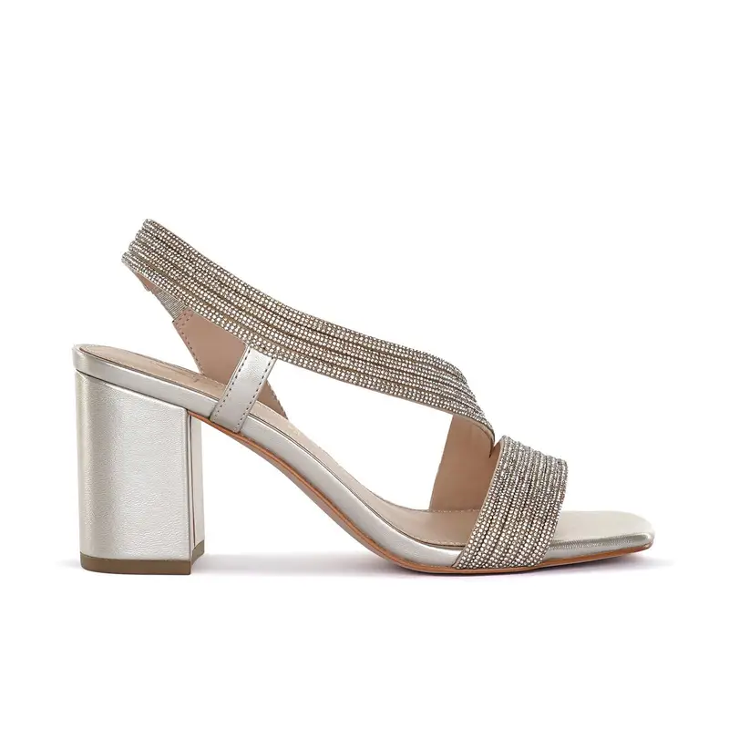 Sandali oro con tacco alto largo e fascia con strass