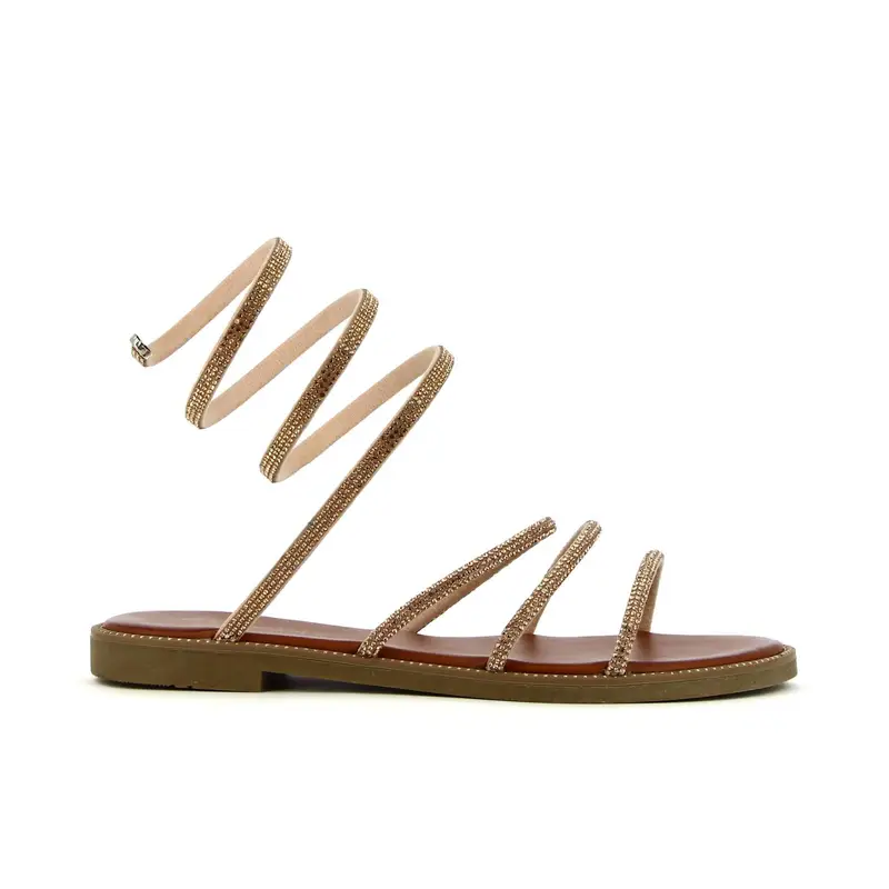 Sandali rosa bassi con cinturino a spirale con strass