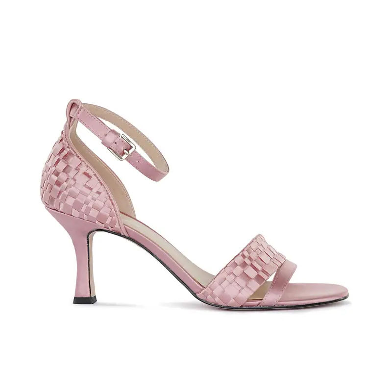Sandali rosa con tacco medio, cinturino alla caviglia e inserti effetto intrecciato
