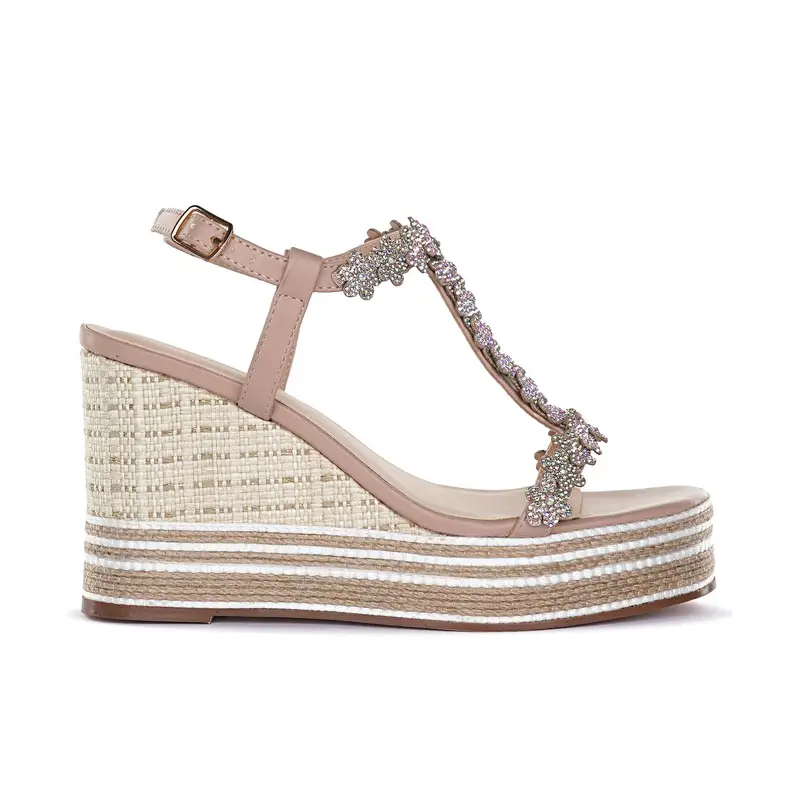 Sandali rosa da donna con zeppa effetto intrecciato e dettaglio fiori con strass