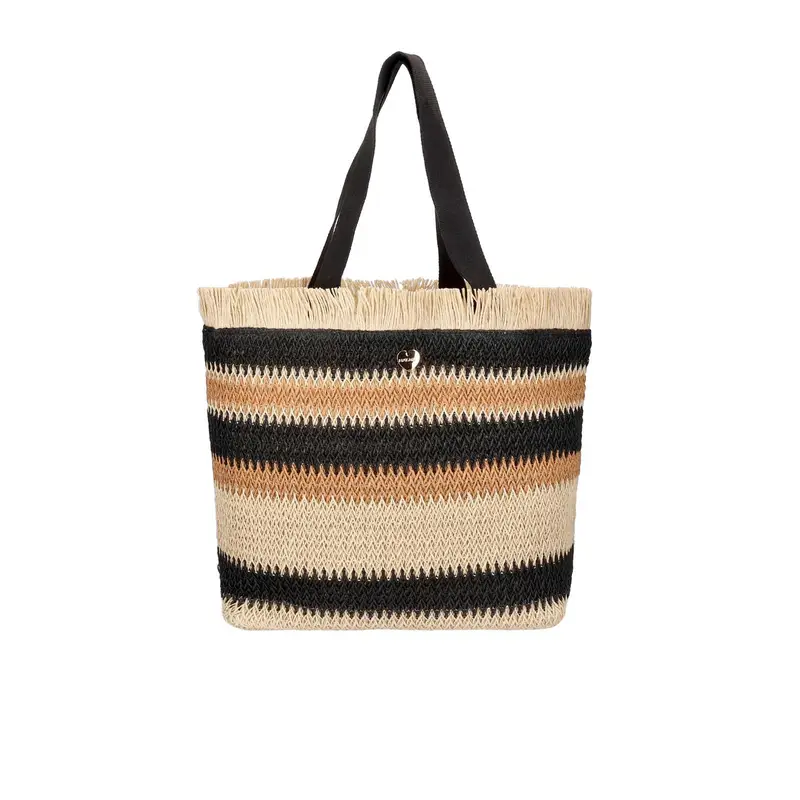 Shopper da mare beige e nera in simil paglia