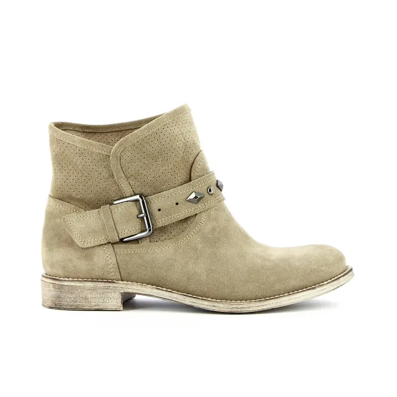 Stivaletti grigi in pelle con fibbia borchie e gambale traforato