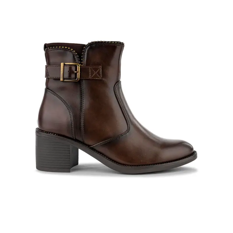 Stivaletti marroni da donna con tacco basso largo e fibbia